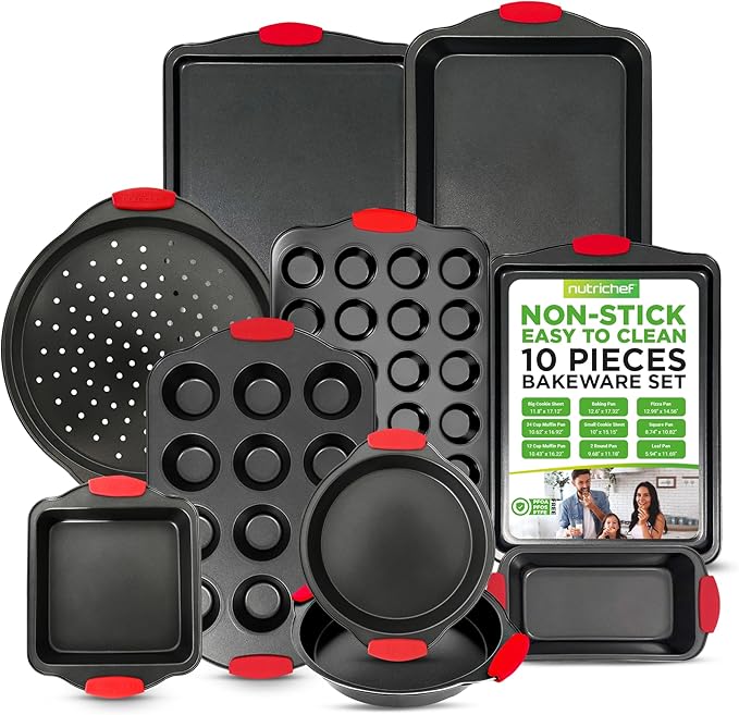 NutriChef 10‑Piece Non‑Stick Bakeware Set – Premium Carbon Steel Baking Pans Set with Silicone Handles – Oven & Dishwasher Safe – Complete Baking Sheet Set for Cookies, Muffins, Loaf, Pizza