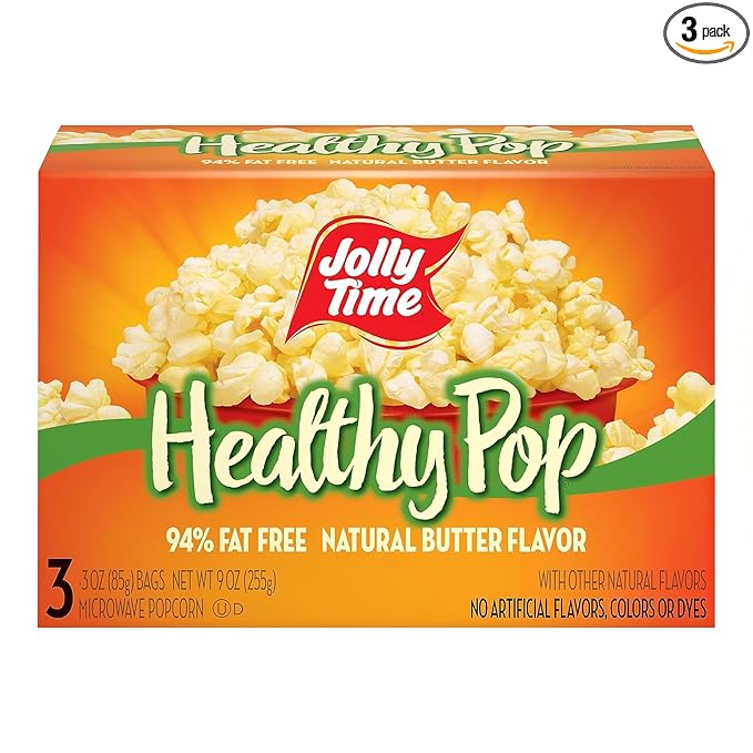 Jolly Time Healthy Pop Buttery Microwave Popcorn, Low Fat Gluten Free Non-GMO, 3oz Sharing Bag, 3 Bags Per Carton (Healthy Pop - Butter & Sea Salt, 3 Ounce (Carton of 3))