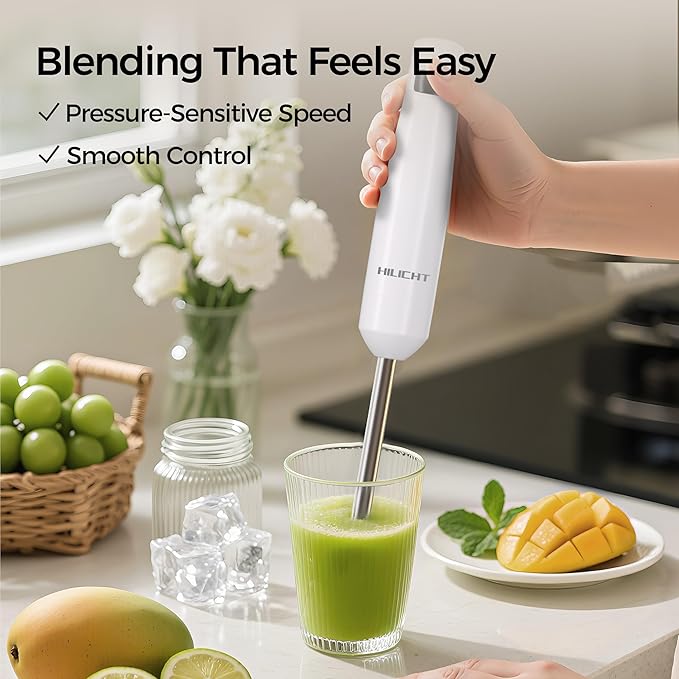 Cordless Hand Blender, 12V Rechargeable Immersion Blender with Brushless Motor, 60+ Bowls per Charge, 2-Blade, Auto Lock, Whisk & Frother for Soup, Smoothies, Baby Food