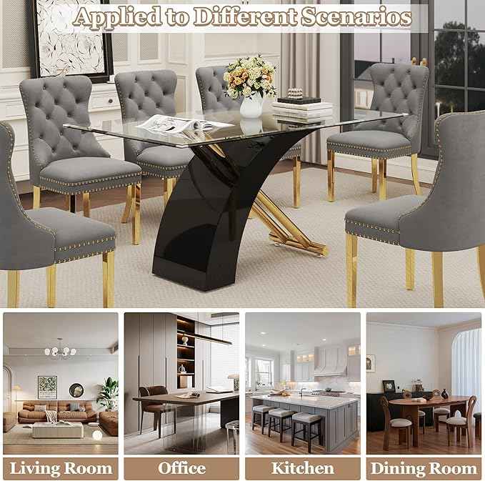 7 Piece Glass Dining Table Set for 6, 63" Modern Kitchen Table with 6 Grey Velvet Chairs, Tempered Glass Tabletop with Black X-Shaped MDF Base, Modern Dining Room Set for Kitchen and Dining Room
