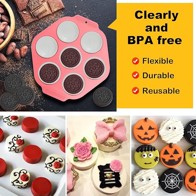 Sidosir 3Pcs Oreo Cookie Chocolate Silicone Mold, 7-Cavity Round Cylinder Oreo Chocolate Cover Molds for Candy, Silicone Baking Molds for Mini Cakes, Jelly