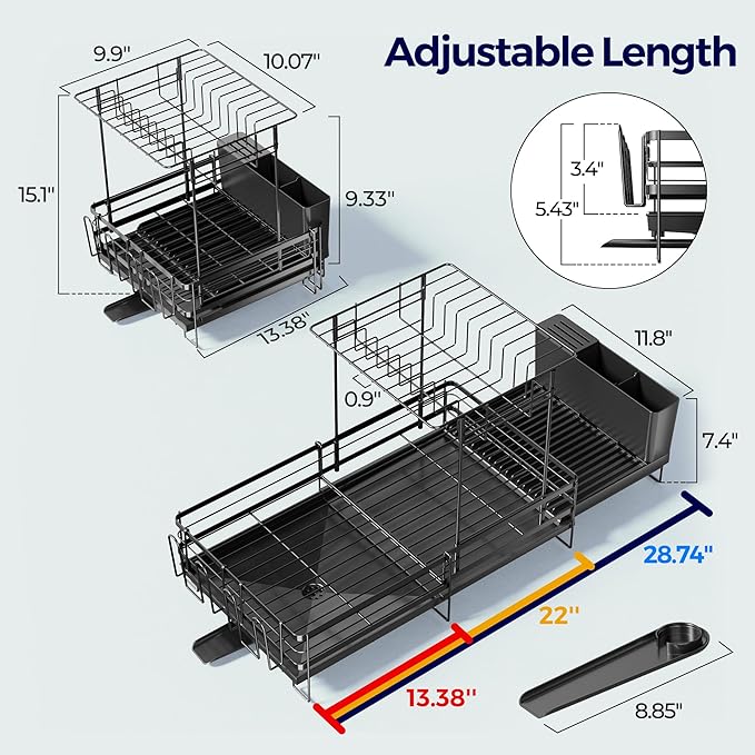 Large Dish Drying Rack, Expandable Dish Rack for Kitchen Counter, Dish Drainer with Drainboard Set, Multifunctional Dishrack with Utensil & Cup Holder, 13.4"-28.7" L x 11.8" W x 9.3" H, Black