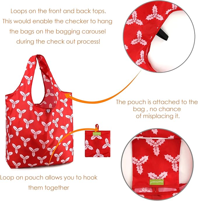 BeeGreen Christmas Red Reusable Grocery Bags 12 Pack with Storage Pouch & Elastic Band Gift Bags Shopping Tote Bags Bulk Ripstop 50LBS Extra Large Machine Washable