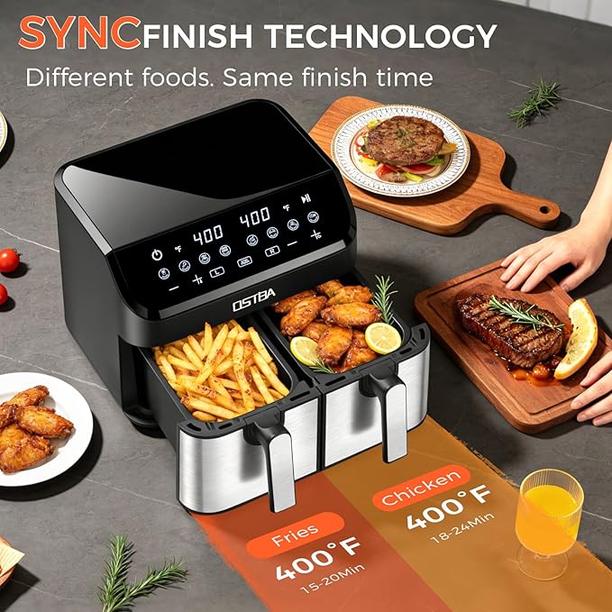 OSTBA 9.5QT Double Air Fryer, 1700W Dual Air Fryer with 2 Independent 4.25QT Stainless Steel Baskets, Digital Touchscreen, Sync Finish, 8 Presets, Auto Shutoff, Nonstick Dishwasher Safe
