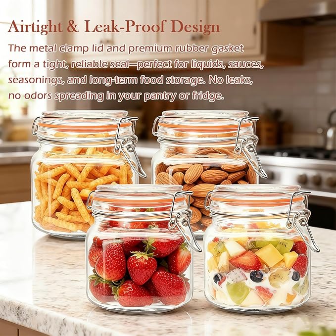 25 oz Glass Jars With Airtight Lids And Leak Proof Rubber Gasket,Wide Mouth Mason Jars With Hinged Lids For Kitchen Canisters 750ml, Glass Storage Containers 6 Pack