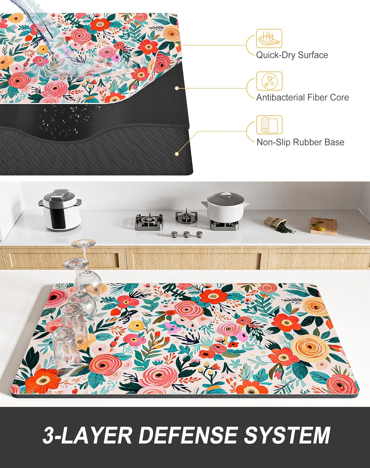 Rnivvi Dish Drying Mat for Kitchen Counter, XL 15 x 24" Cute Flower Super Absorbent Draining Pad, Non-Slip Heat Resistant Coffee Bar Mats for Coffee Machine Station Accessories, Colorful Dish Rack Pad