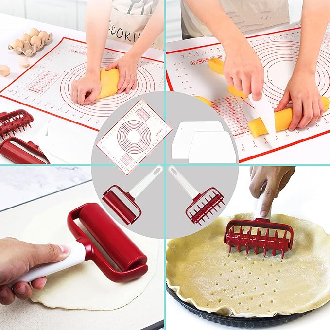 5 pcs Pizza Tools Set incl Dough Roller and Docker and Silicone Pastry Dough Mat and Dough Scraper Cutter Time-Saver Dough Tools Set (5 pcs)