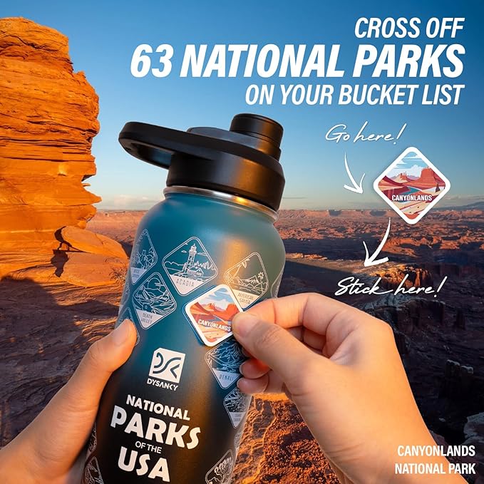 DYSANKY National Parks Water Bottle – 32 oz Insulated Stainless Steel Bottle with 63 Hand-Drawn Park Stickers, Carrier Bag, Strap & Gift Box – BPA-Free – Ideal for Hiking, Camping & Travel