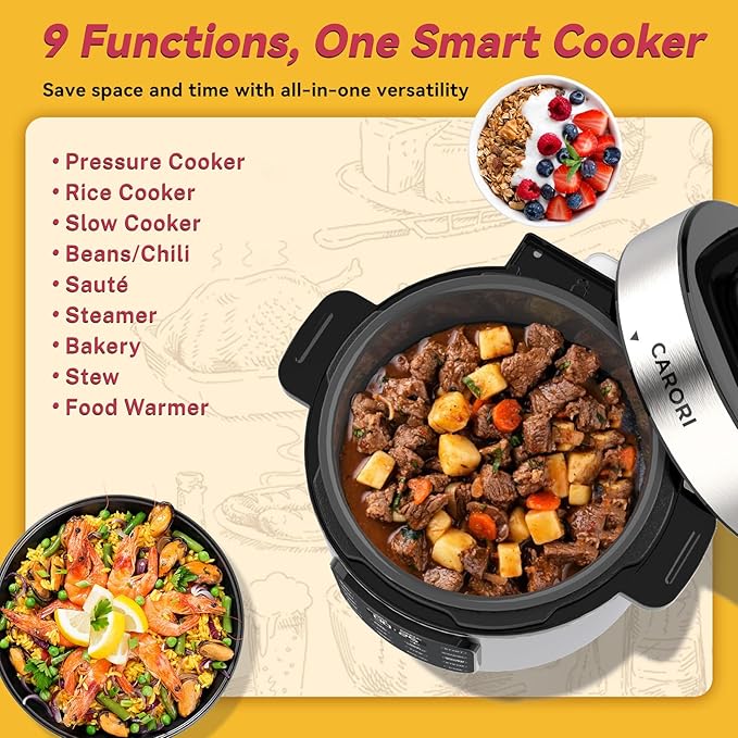 CARORI Electric Pressure Cooker 6 Quart Silver, Non-stick Pot, 9-in-1 Instant Pot, 12 Preset Functions with Touchscreen, Safe Steam Release, Stew, Slow Cook, Rice, Sauté, Warmer