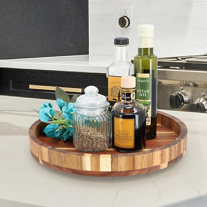 Elama 13 Inch Acacia Wood Lazy Susan Tray, Decorative Serveware, Tabletop Serving Piece (13 Inch Lazy Susan)