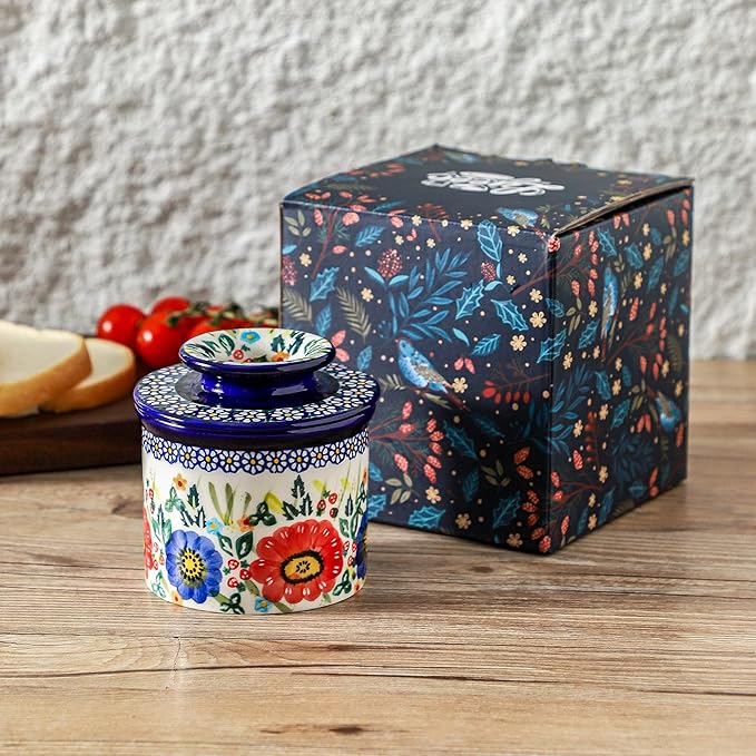 French Butter Crock with Lid for Countertop,Handpainted Floral Butter Keeper with Water Seal Line, Farmhouse Ceramic Butter Container Airtight for Soft Spreadable Butter,Housewarming Gifts