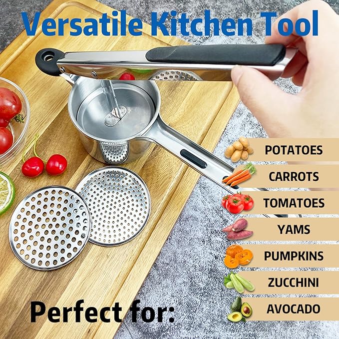 15 oz Stainless Steel Potato Ricer with 3 Interchangeable Plates, Large Capacity, Dishwasher Safe, Silicone Handles, Perfect for Mashed Potatoes, Baby Food, Vegetables & More