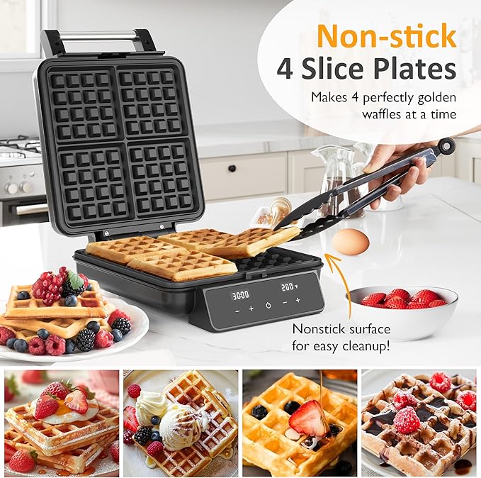 Sunvivi Waffle Maker 4 Slices with Quick Heat-Up, Time & Temperature Control, LCD Display, Nonstick Surface, Stainless Steel, Perfect Waffle Iron for Kids and Families, Black