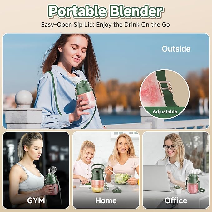 Portable Blender, Personal Blenders for Shakes and Smoothies with 27oz Cup, Lid and Shoulder Strap, Type-C USB Rechargeable, BPA-Free for Gym/Travel/Kitchen (Green)