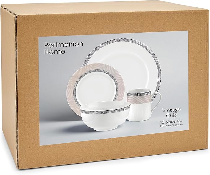 Portmeirion Home Vintage Chic 16 Piece Set - Porcelain Dinnerware with Art Deco Borders - 10.5" Dinner Plates, 7.5" Salad Plates, 5.5" Bowls, 11.5 Oz Mugs - Microwave & Dishwasher Safe Place Settings