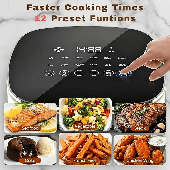 Airfryer 12-in-1,Large Air Fryer 6QT, Square Airfryers Non Toxic, Cooking, Fries, Custard, Chicken Wings, Sea Food, Vegetabels, Nonstick & Easy-Clean Basket