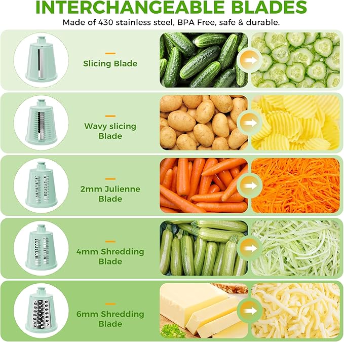 7 IN 1 Upgraded Rotary Cheese Grater with Handle – Vegetable Shredder with Built-in Storage Blade Slot, 5 Versatile Blades, Strong Suction Base Round Mandoline Slicer, Food Chopper for Kitchen