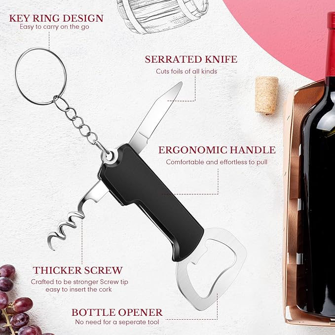 Ziliny 24 Pcs Bottle Opener Keychain Bulk Wine Bottle Beer Opener Keychain 3.27" Stainless Steel Corkscrew Waiter Corkscrew Wine Keyring Gifts for Christmas Bar Party Wedding Home (Black)