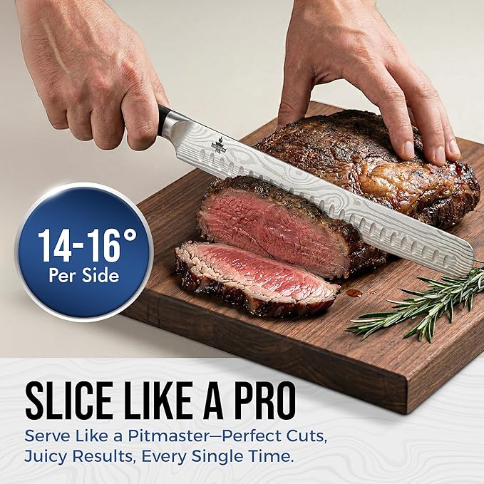 Brisket Knife Set for Meat Carving & BBQ - 12" Slicing Knife, 6" Boning Knife & Carving Fork for Smooth Meat Cutting, Full Tang & Ergonomic - Razor Sharp German Steel, Grilling Gifts for Men