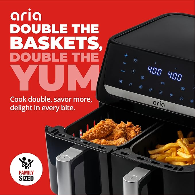 Aria 10Qt Dual Basket Air Fryer, Double 5Qt Basket Efficiency, Smart Sync Cooking, 8 Versatile Presets, Intuitive Touch Controls, and Dishwasher-Safe Baskets