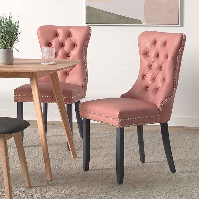 Pink Velvet Dining Chairs Set of 4, Upholstered Dining Room Chairs with Back Ring Pull Trim and Solid Wood Legs, Tufted Wingback Kitchen Chairs for Dining Room,Living Room,Kitchen(Pink)