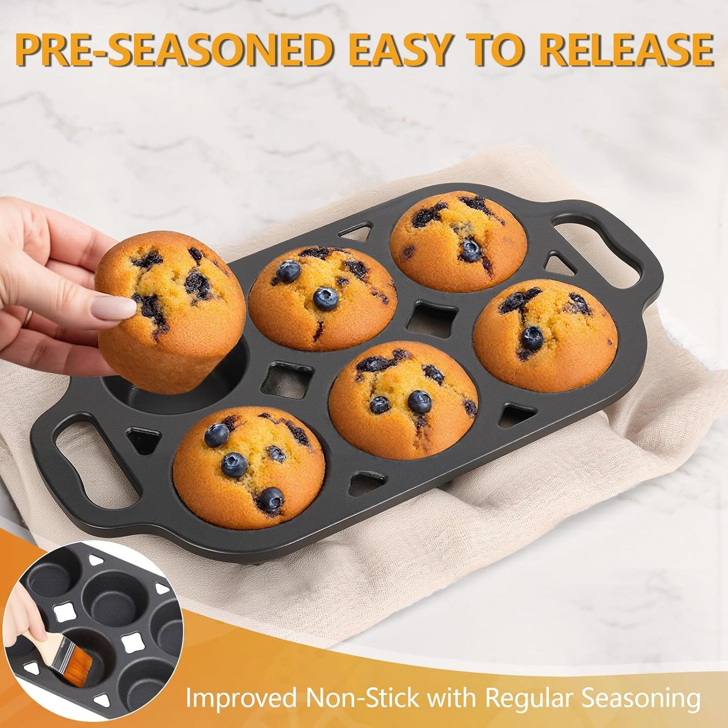 6 Cup Cast Iron Muffin Pan - Pre-Seasoned Nonstick Muffin Tin, Regular Size Cupcake Baking Pan