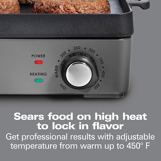 Hamilton Beach Professional Cast Iron Indoor Electric Grill & Griddle, 10" x 16" Preseasoned Cooking Surface, Adjustable Temperature up to 450° F, Black (38560)