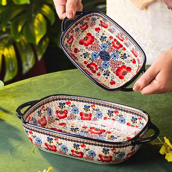 Baking Dish Ceramic Baking Pan Blue Casserole Dish Porcelain rectangular Baking Set 2pcs Bakeware Sets Single Serving Size Lasagna Pan Baking Dishes for oven(Honey Flower)