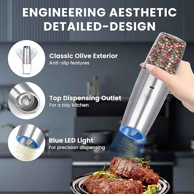 Rechargeable Electric Salt and Pepper Grinder set of 2, gravity electric salt and pepper grinder set, Adjustable Roughness, LED Light, 2 Pack, (Silver)