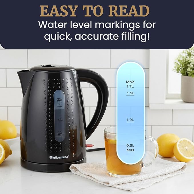 Elite Gourmet EKT5051 1.7L Electric Water Kettle, BPA-Free, Fast Boil, Auto Shut-Off, Boil-dry Protection, 360° Swivel Base with Cordless Serving, Clear-view Window with Water Level Markings, Black