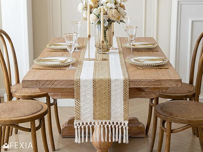 FEXIA Boho Table Runner with Tassels for Home Decor Farmhouse Rustic Table Runner Macrame Burlap Woven Dinning Decoration for Living Room Bridal Shower Independence Day Decorations(12x72 Inches)