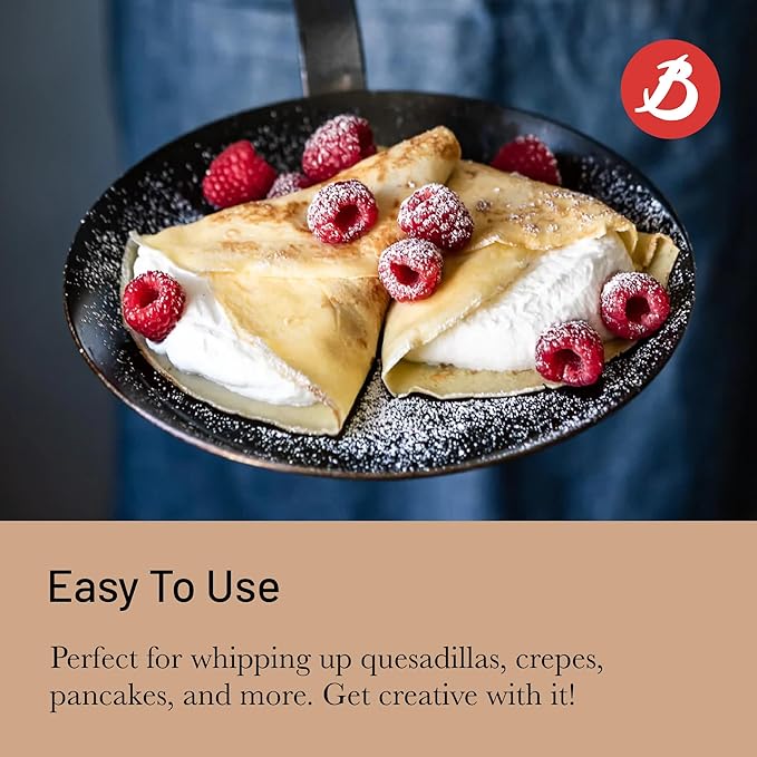de Buyer Blue Carbon Steel Crepe & Tortilla Pan - 9.5” Diameter, 7.75” Cooking Surface - Ideal for Making & Reheating Crepes, Tortillas & Pancakes - Naturally Non-Stick Finish - Made in France