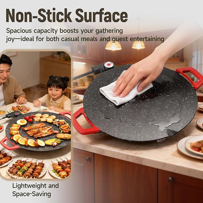 Non-Stick Electric Indoor Grill Pan, Large Round Electric Griddle & Smokeless Korean BBQ Grill Indoor - fast heating, portable, for burgers, pancakes & stovetop use (Extra Large)