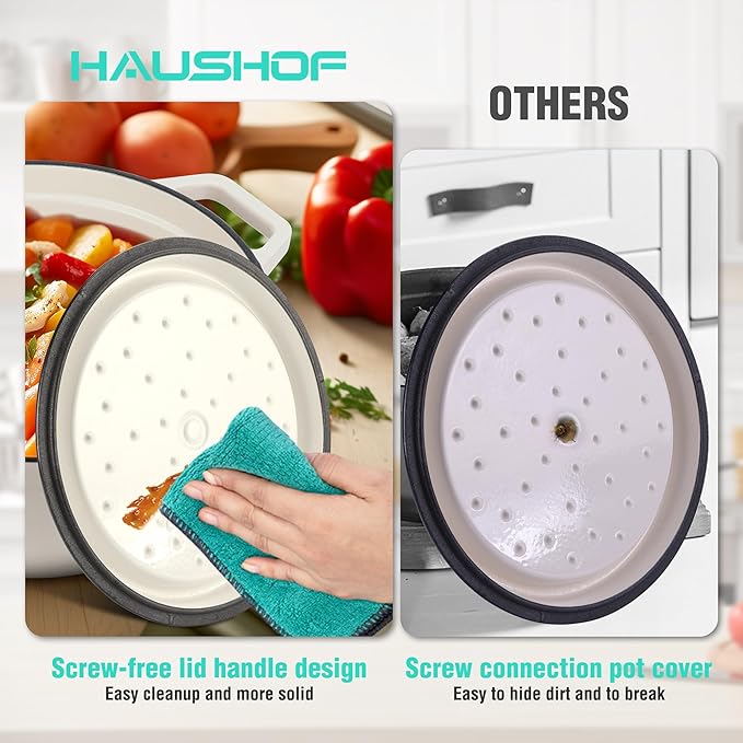 HAUSHOF Silicone Basting Pastry Brush, Heat Resistant Pastry Brush Set HAUSHOF 5.3QT Enameled Cast Iron Dutch Oven with Lid, Non-Stick Pot for Baking, Stewing, Rosting, White