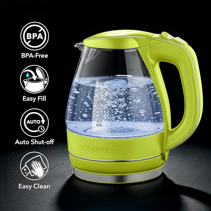 OVENTE Electric Kettle, 1.5L Borosilicate Glass Countertop Water Heater and Boiler for Coffee or Tea, BPA-Free, Auto Shut-Off, Boil-Dry Protection, Removable and Washable Spout Filter, Green KG83G