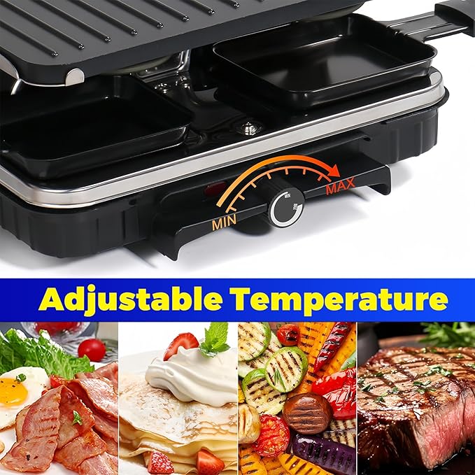 Raclette Grill, Raclette for 8 People, 1300W Electric Grill with 1 Reversible Non-stick Grill Pan & 8 Mini Raclette Cheese Pans & 1 Wooden Spatula, for Indoor Family Barbecue & Party