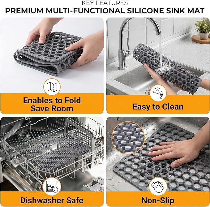 Silicone Sink Mat, 28.62"x 14.76" Heat-resistant Sink Protectors, Drying Mats for Kitchen of Bottom Farmhouse Porcelain Stainless Steel, Kitchen Accessory, Right & Left Drain（Grey）