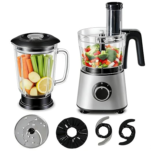 Simple Deluxe Food Processor Blender Combo, 300W Multifunctional Electric Kitchen Tool with 1.5L Glass Jar & 6-Cup Chopper, Ideal for Slicing Dough Meat Puree, 2 Adjustable Speeds & Safety Lock, Black