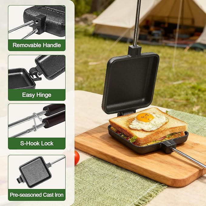 AILITOR Mountain Pie Maker Cast Iron Set of 2 - Pie Irons for Camping with Storage Bag, Campfire Sandwich Maker Cast Iron