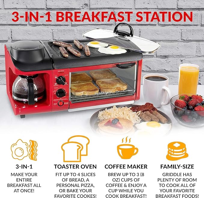 Nostalgia 3-in-1 Breakfast Station - Includes Coffee Maker, Non-Stick Griddle, and 4-Slice Toaster Oven - Versatile Breakfast Maker with Timer - Red