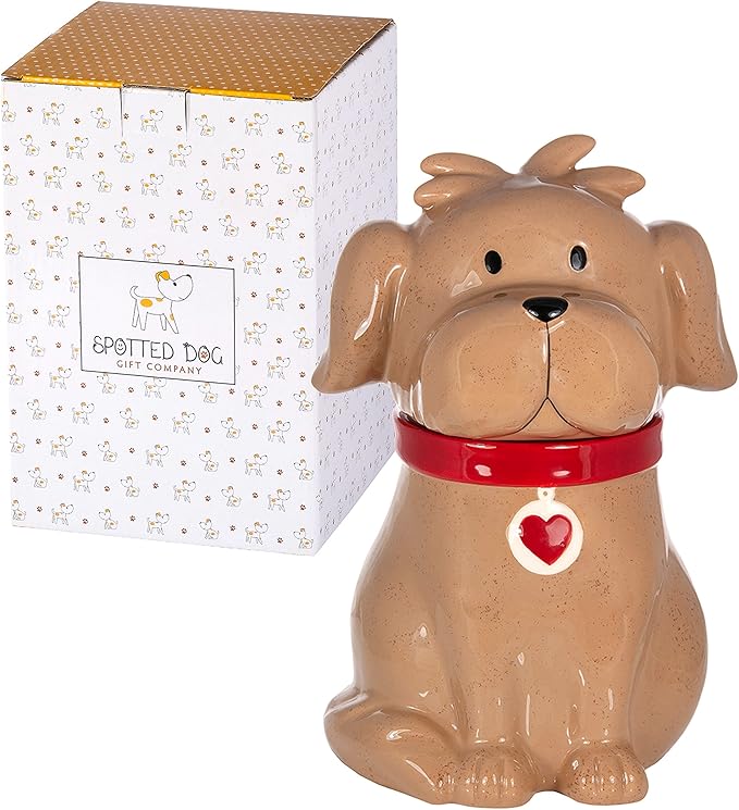 SPOTTED DOG GIFT COMPANY Ceramic Cookie Jar with Lid, Large Dog Treat Jar for Cookies & Biscuits, Cute Novelty Storage Container for Kitchen Counter, Gifts for Dog Lovers - 49oz Brown