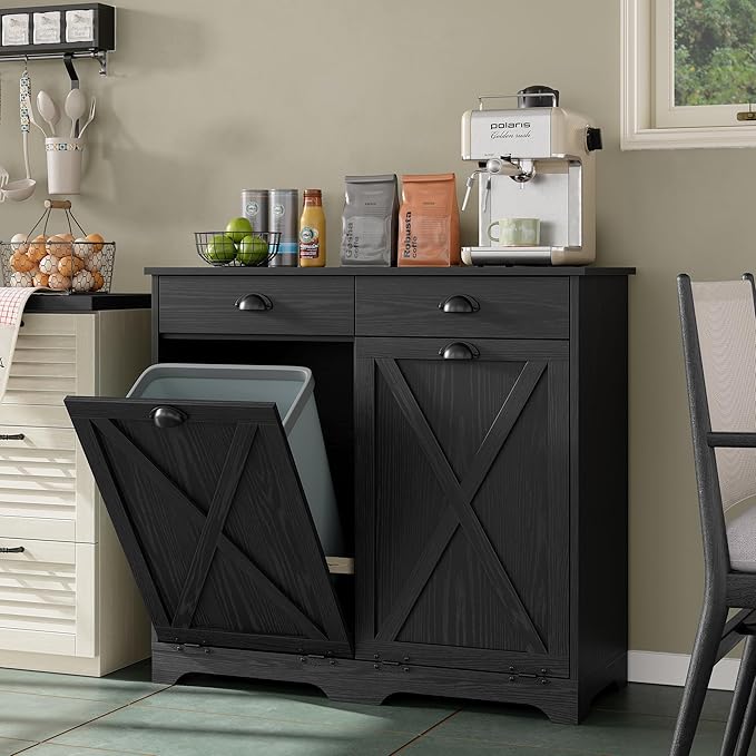 Furniouse Farmhouse Trash Can Cabinet, Double Tilt Out Trash Bin Cabinet with Barn Doors & Hideaway Drawers for Kitchen, All Black