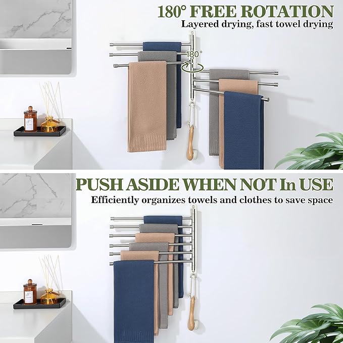 Alise Swivel Towel Rack, SUS304 Stainless Steel 6 Arms Towel Bar, Space Saving Swing Out Towel Bar with Hook, Towel Racks Wall Mounted for Bathroom, Brushed Nickel