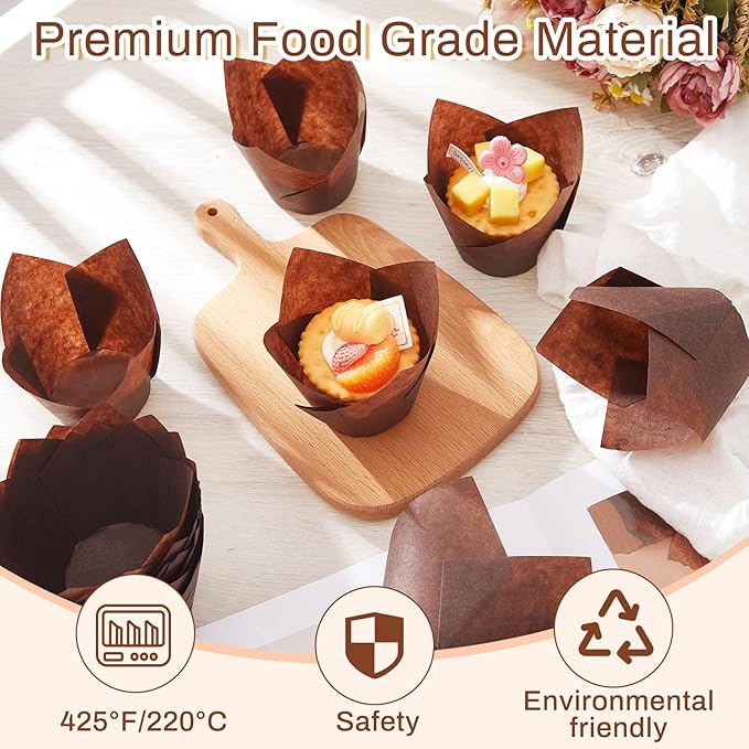 Motiskyy 600 Pcs Jumbo Muffin Liners for Baking 2-1/4" x 4" Large Tulip Cupcake Liners Greaseproof Cupcake Wrapper Paper for Weddings Birthday Christmas Anniversaries Party (Brown)