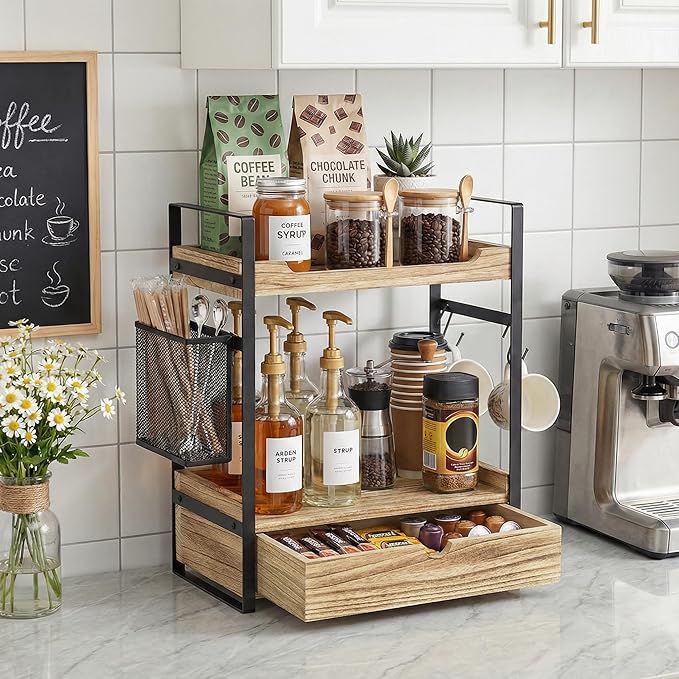 Coffee Station Organizer Countertop, Wooden Coffee Bar Accessories Organizer with Basket, 2 Mug Holder Hooks and Pod Drawer, Multifunctional 2 Tier Countertop Organizer for Kitchen, Bathroom, Office