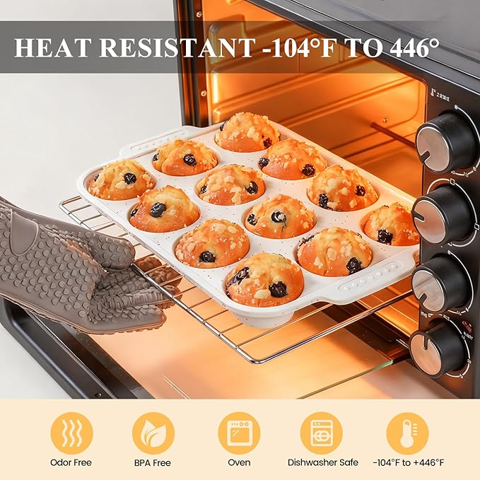 Vinino 2-Pack Silicone Muffin Pan for Baking with Metal Reinforced Frame, 12 Cups Regular Size Silicone Cupcake Pan with Non-Slip Handle, Nonstick Muffin Tray for Oven, BPA Free, Dishwasher Safe
