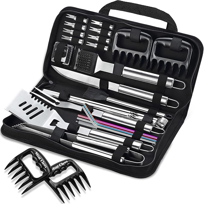 ROMANTICIST 27pcs Heavy Duty Grilling Gifts for Men Dad Christmas, Extra Thick BBQ Accessories Tools Set, Stainless Steel Grill Utensils Kit with Meat Claws, Carrying Bag for Outdoor Camping Silver