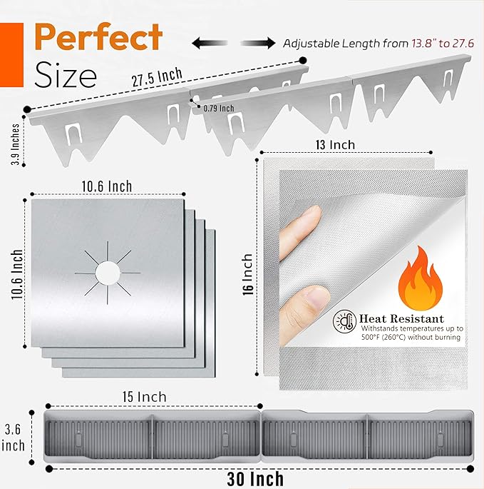 Stove Gap Covers Stainless Steel 2PC(0.08"–0.7"W,13.8"–27.5"L)+4PC Gas Burner Covers+2PC Oven Liners+30"(2x15") Silicone Magnetic Stove Shelf|Universal Gas Stove Accessory Bundle Bonus 3 Brushes