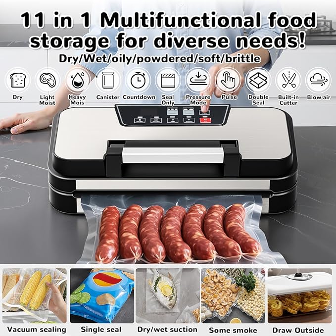 95Kpa Powerful Vacuum Sealer Machine, 11-in-1 Vacuum Sealer for Food with Double Seal, Built-in Cutter & Bag Storage, Vacuum Sealer for Dry Moist Food Preservation, Extend Freshness 8X Longer