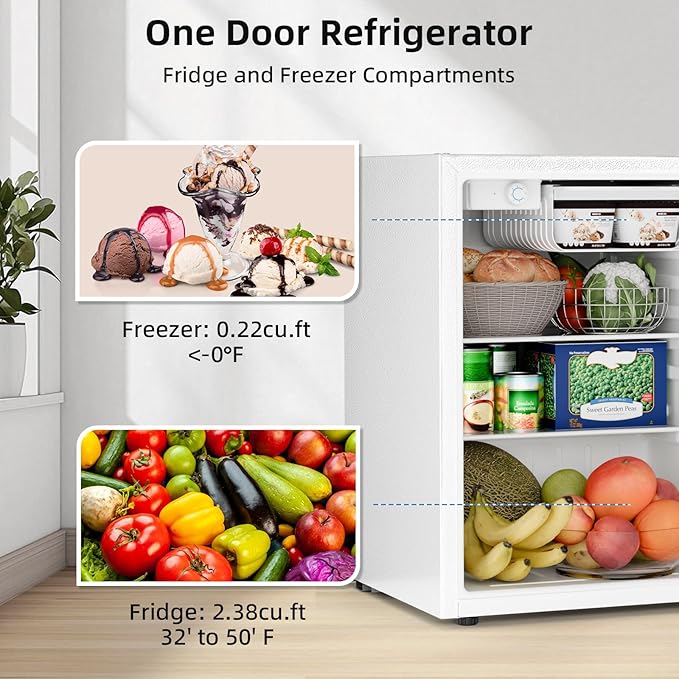 Antarctic Star 2.6 Cu.Ft.Compact Refrigerator with Freezer, Mini Fridge Single Door with Adjustable Thermostat,Removable Glass Shelves for Apartment,Dorm,Office,Kitchen，WHITE